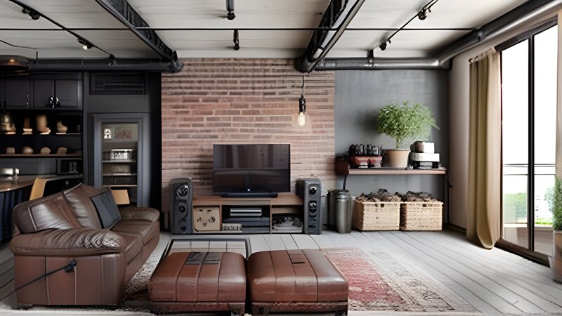 The living room transformed with an industrial design featuring a brick wall and leather sofa.