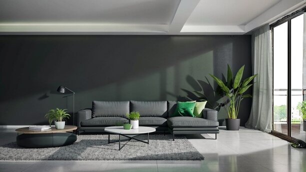 The same living room virtually staged in a stunning modern style.