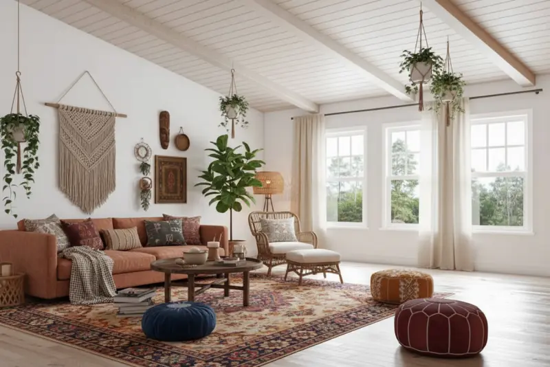 A bright and dynamic living room virtually staged in a beautiful Bohemian style generated with AInteriors interior design app, compared to the empty original.