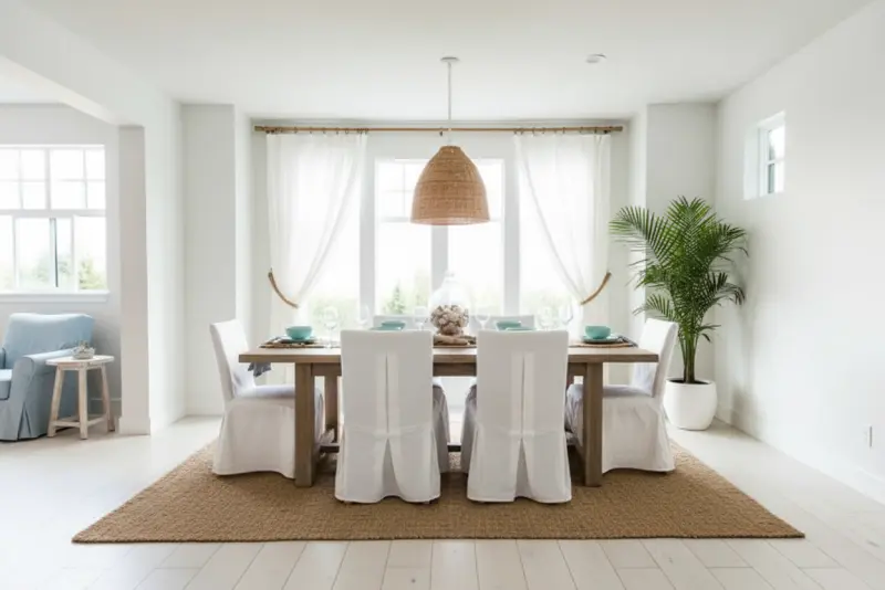 A fresh and elegant dining room virtually staged in a beautiful and fresh Coastal style generated with AInteriors interior design app, compared to the empty original.