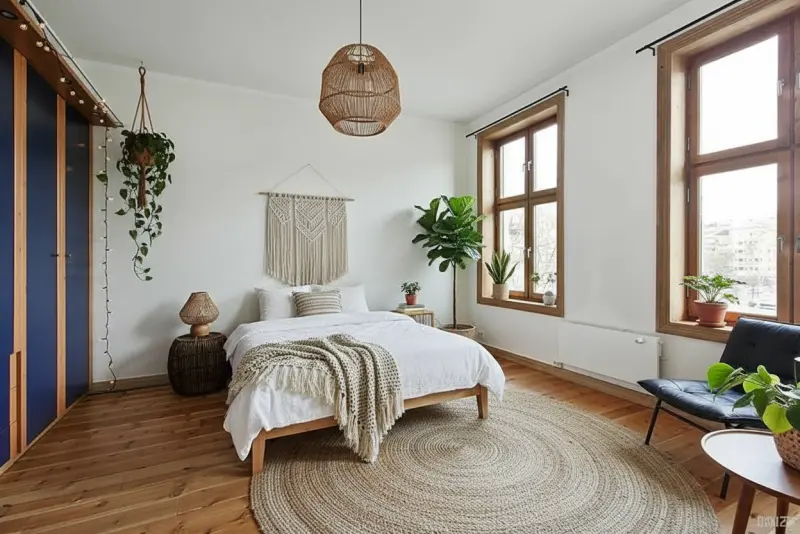 An alive and vibrant bedroom virtually staged in a fresh Modern Boho style generated with AInteriors interior design app, compared to the empty original.