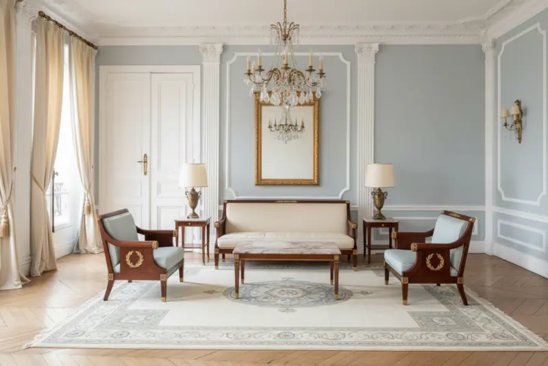 A living room virtually staged in a sophisticated Neoclassic style generated with AInteriors interior design app, compared to the empty original.