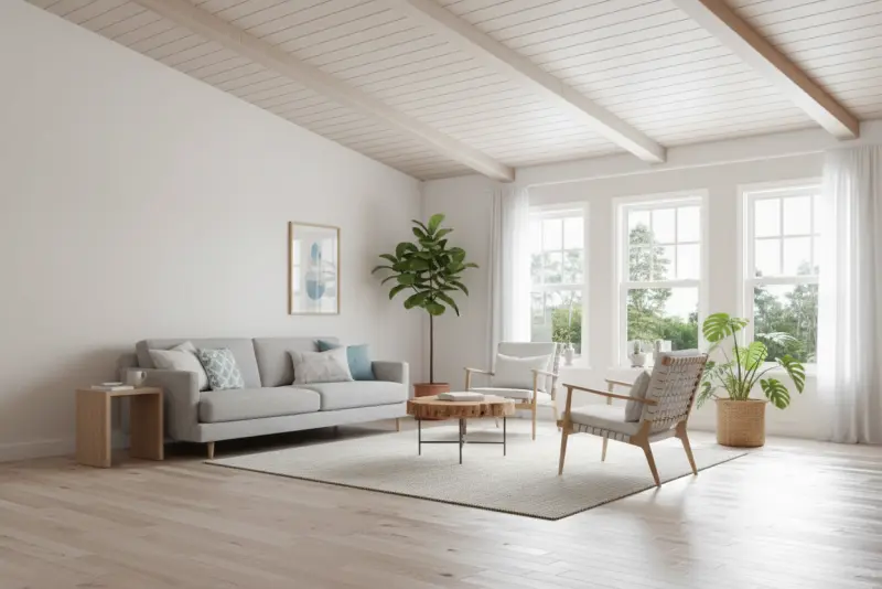 An elegant and warm bedroom virtually staged in a soft Scandinavian style generated with AInteriors interior design app, compared to the empty original.