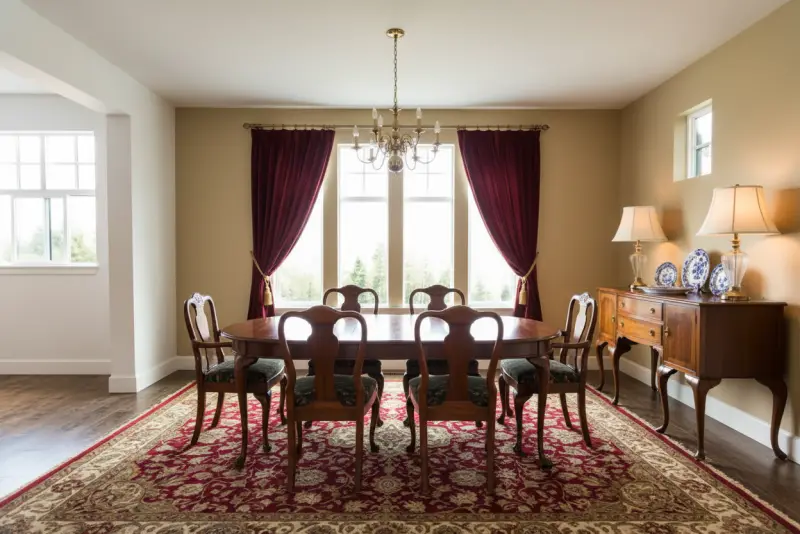 A dining room virtually staged in an elegant Traditional style generated with AInteriors interior design app, compared to the empty original.