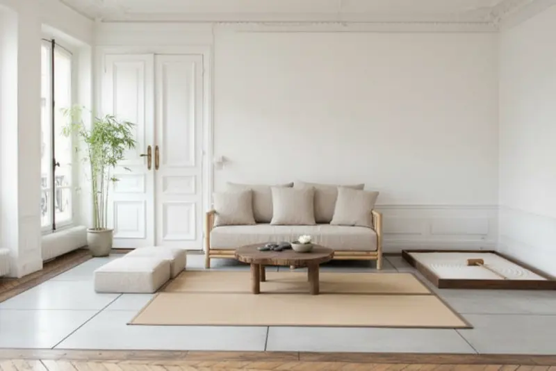A minimalist living room virtually staged in a Zen style generated with AInteriors interior design app, compared to the empty original.
