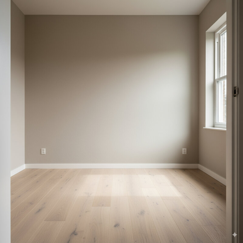 An empty bedroom with neutral walls and a large window, ready for design.
