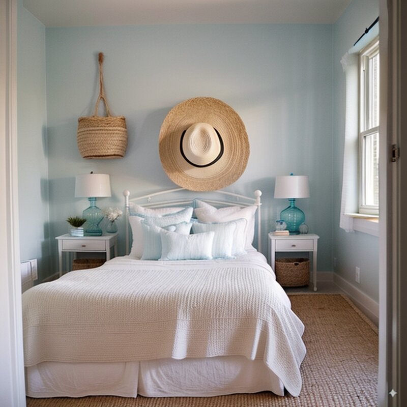 A serene and airy coastal bedroom with a soft blue and white color palette.