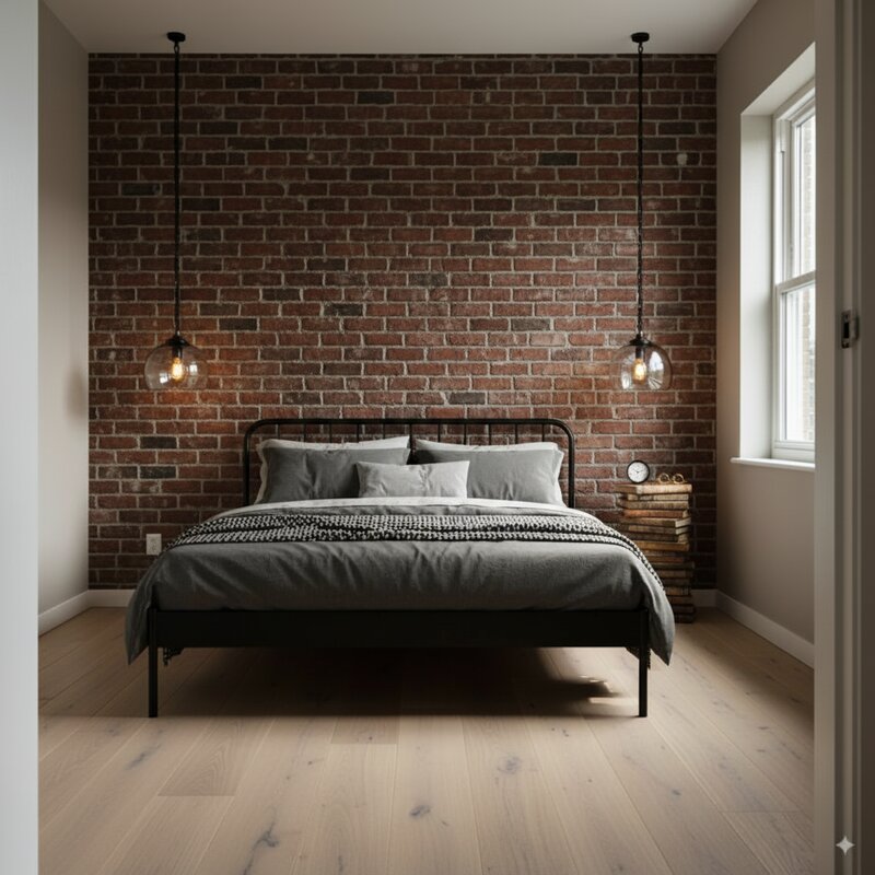 An industrial-style bedroom with an exposed brick wall and dark metal bed frame.