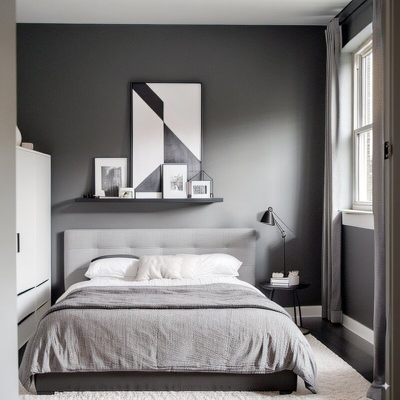 The bedroom designed in a sleek, modern style with a neutral color palette.