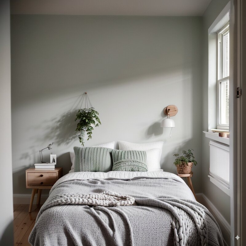 The bedroom redesigned in a bright and cozy Scandinavian style with light woods.