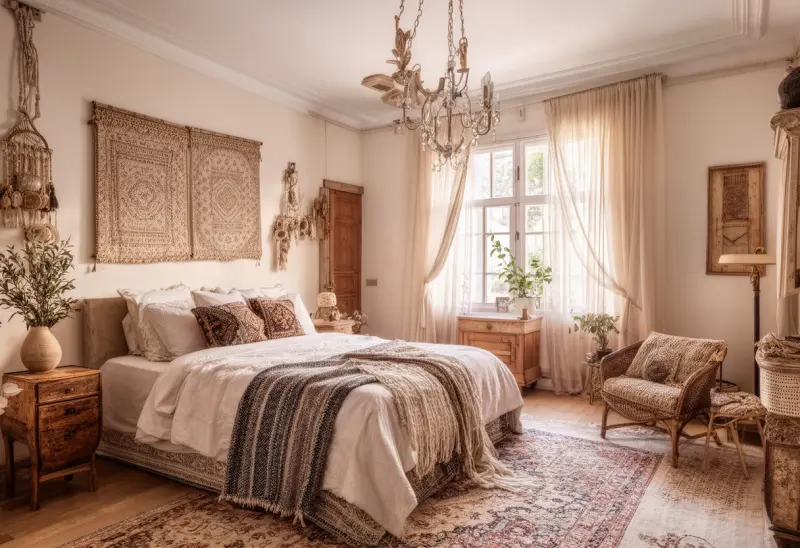 classic peaceful bohemian bedroom ai makeover
