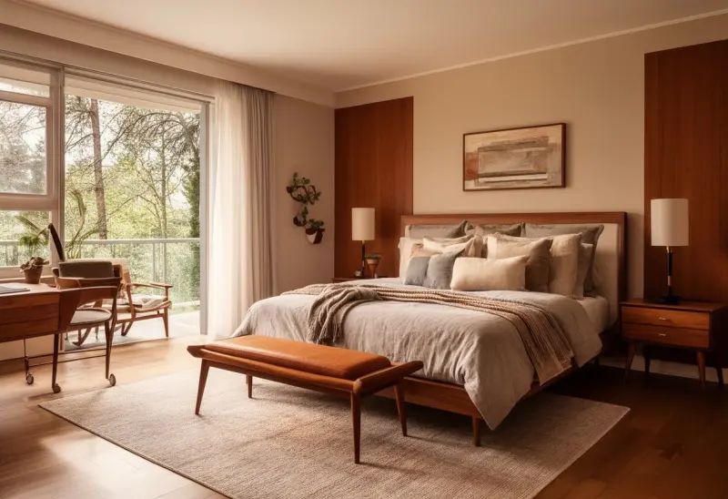 cozy warm mid century modern bedroom ai design ideas