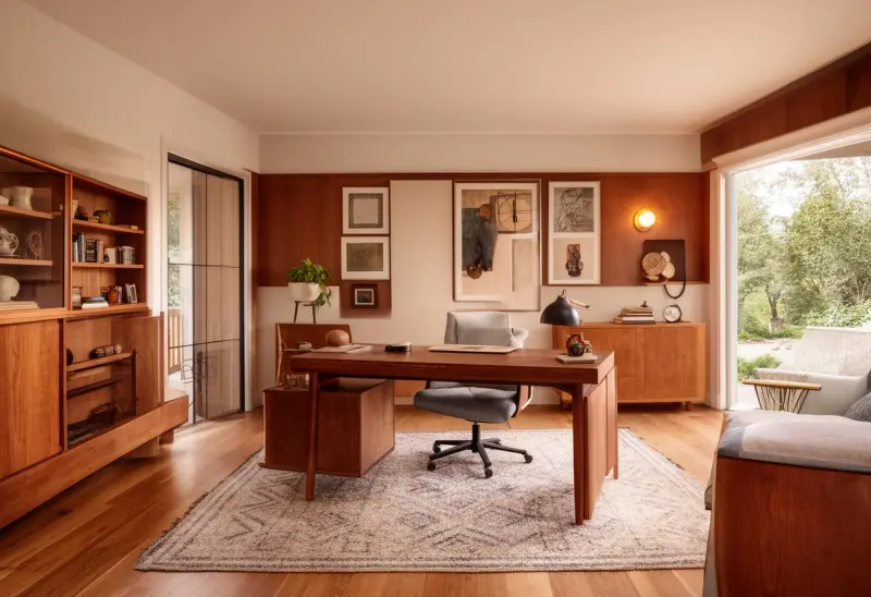 cozy warm mid century modern home office ai design ideas