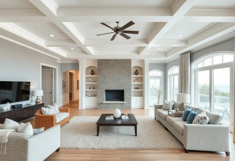 family room coastal basement design ideas