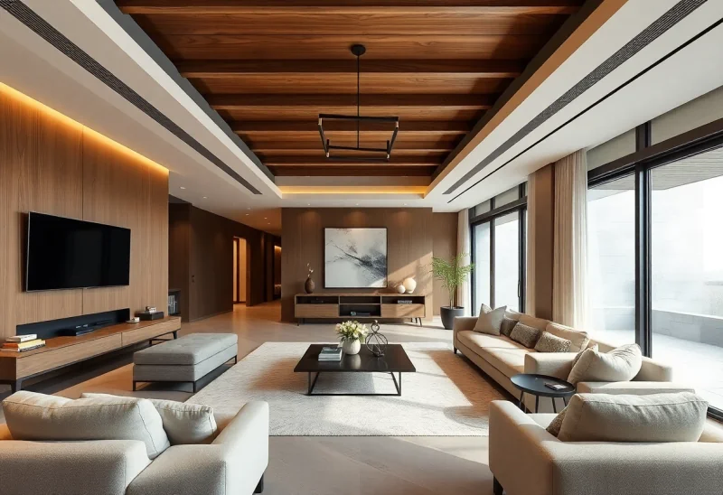 family room japandi basement design ideas