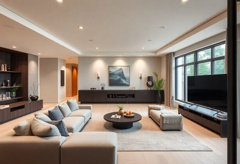 family room neutral basement design ideas