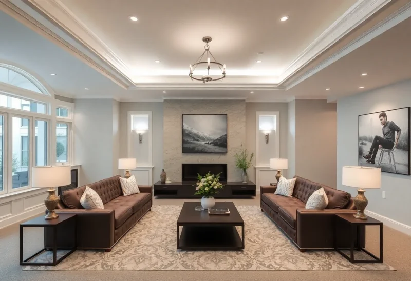 family room transitional basement design ideas