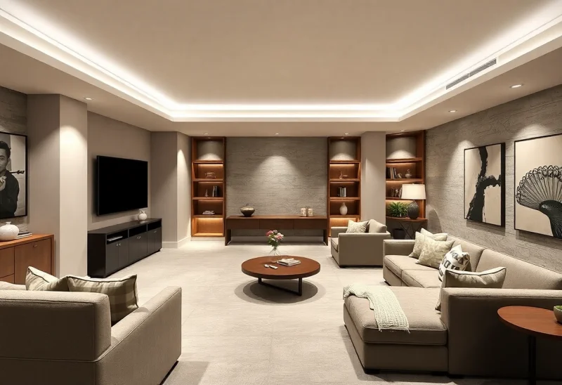 man cave neutral basement design ideas