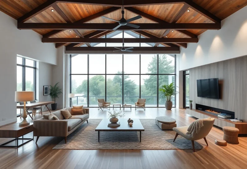 open concept mid century modern living room design ideas