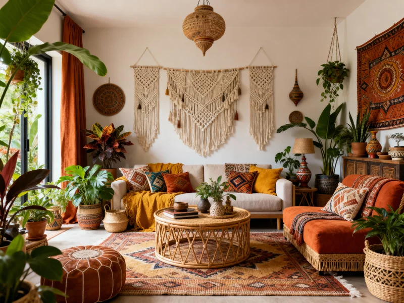 trendy bohemian living room interior design