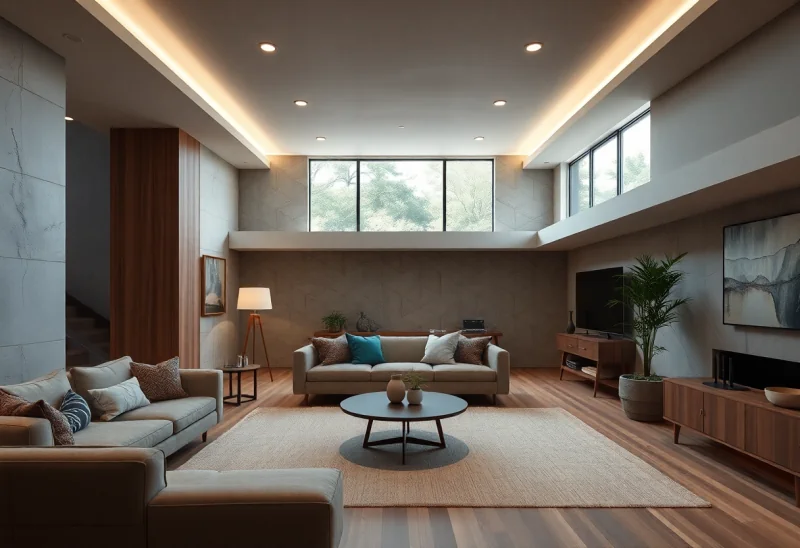 unfinished mid century modern basement design ideas