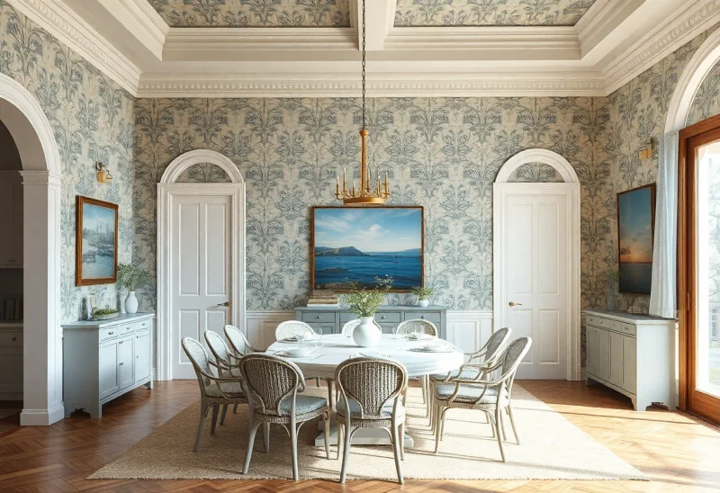 update dated wallpaper dining room to coastal style