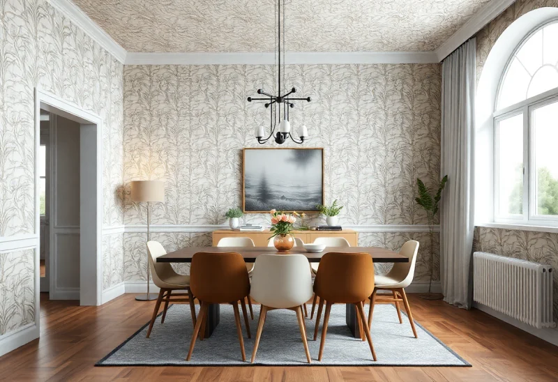 update dated wallpaper dining room to mid century modern style