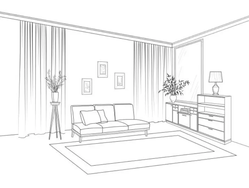 A hand-drawn sketch of a living room layout.