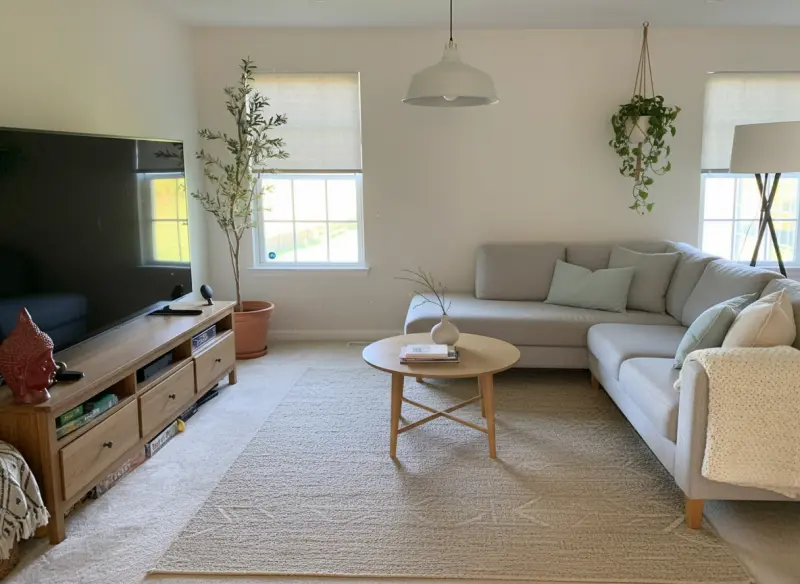 A room-redesign concept using a light Scandinavian palette