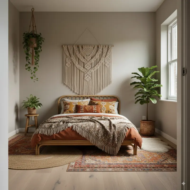A bohemian bedroom virtually staged from an empty room with AInteriors virtual staging tool.
