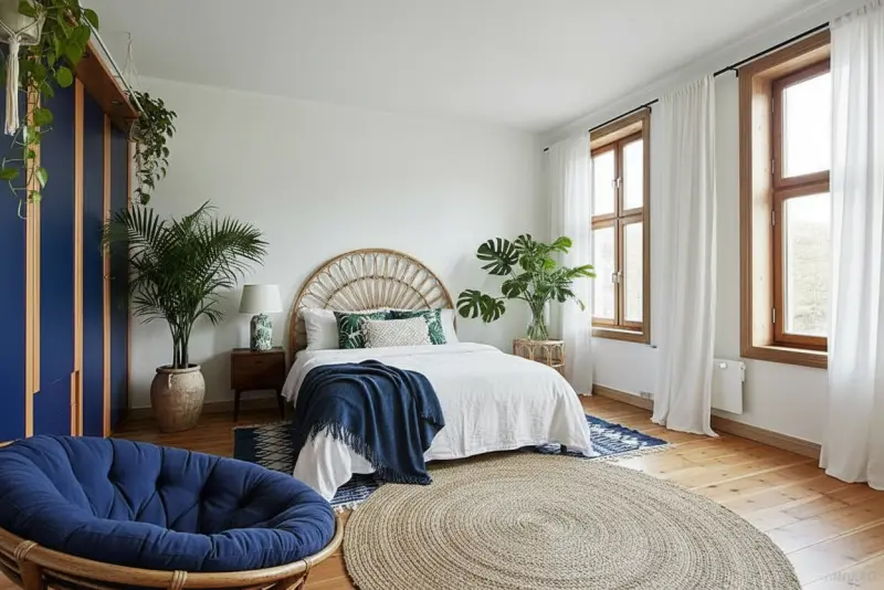 A tropical bedroom virtually staged from an empty room with AInteriors virtual staging tool for interior design.